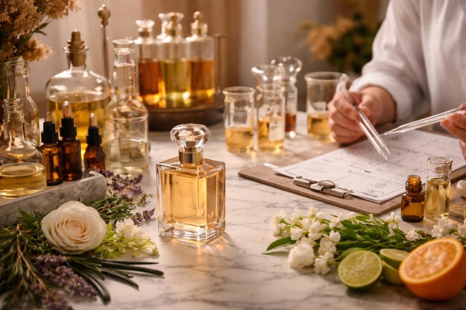 Shelves of perfume bottles lit softly